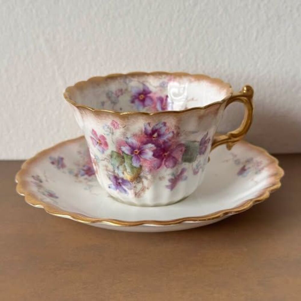 Exquisite Antique English Bone China Teacup & Saucer Duo